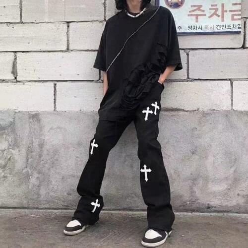 #5024 Black Korean Streetwear Casual Parkour Jeans Printed Flare Bottoms Wide Leg Pants Pantalon Homme Track Pants Men Fashion