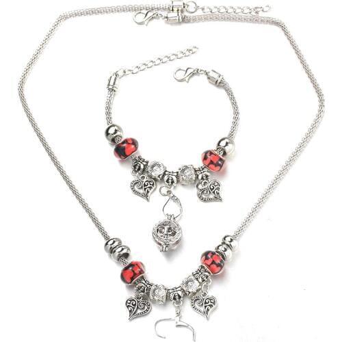 6 Colors Heart Shaped Necklace Bracelet Set Fine Bead Hollow Chain Beaded Bracelet With Hooks DIY Pendant Jewelry Gift