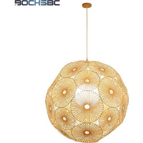 BOCHSBC Hand Made Bamboo Rattan Pendant Lights for Living Room Dinning Room Simple Ball Design Lampshade Hanging Led Lamp Light