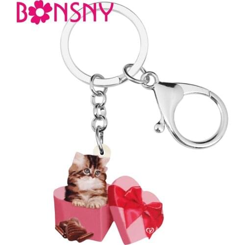 Bonsny Acrylic Valentines Day Gift Box Cat Kitten Key Chains Ring Animal Keychain For Women Girl Teen Bag Car Purse Decorations