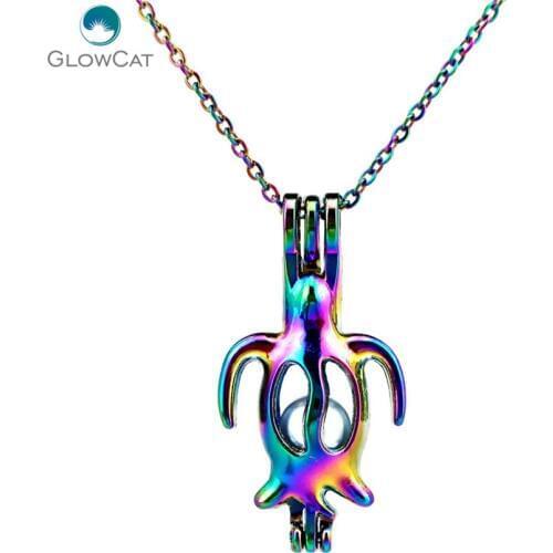 C104 COLORS Long Turtle Diffuser Locket Necklace Beads Cage Steel Chain Pendant Aroma Essential Oil Diffuser Locket Necklace