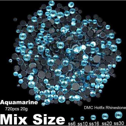 DMC Hotfix Rhinestones Aquamarine Mixed Sizes SS6 SS10 SS16 SS20 SS30 720pcs Glue Backing Iron On Glass Stones DIY Decorations
