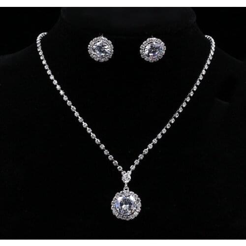 Classic Female White Crystal Jewelry Set Charm Silver Color Wedding Stud Earrings For Women Luxury Round Zircon Chain Necklace