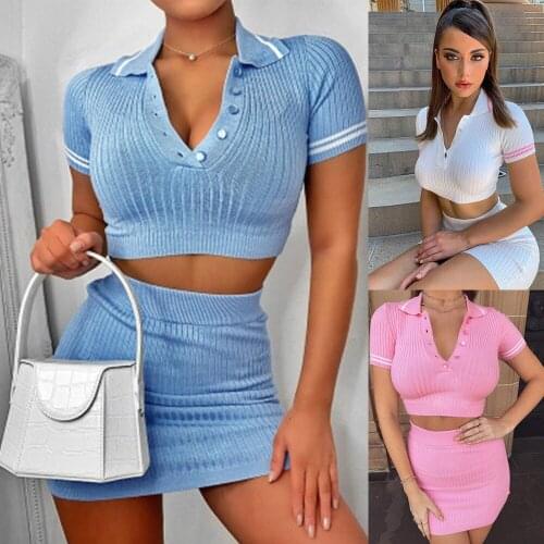 Summer New Fashion Short-Sleeved Skirt Suit Sexy Navel Slimming Hip-Knit Sweater Dress Two-Piece Suit