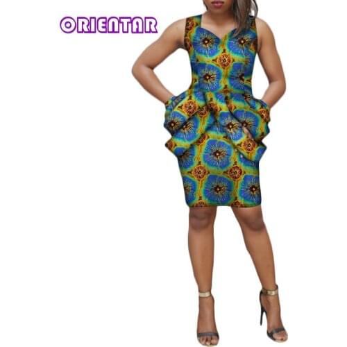 2019 Fashion Women Dress Bazin Riche African Print sleeveless Dress Dashiki Cotton Lady Elegant Party Short Dresses WY003