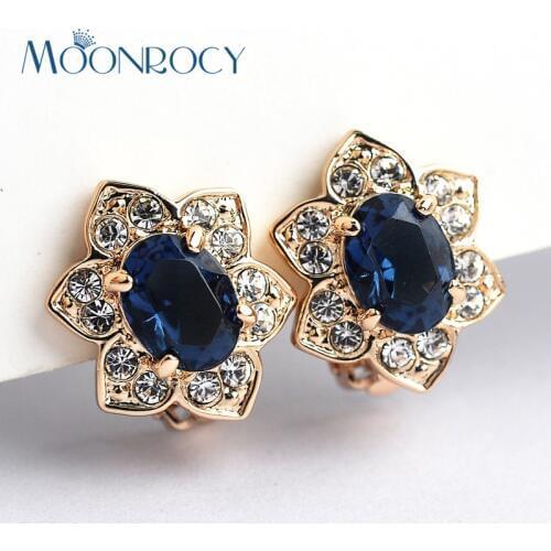 MOONROCY Drop Shipping Italina Fashion Zirconia Rose Gold Color Red Blue Purple Green Crystal Earrings Clip Earrings Gift