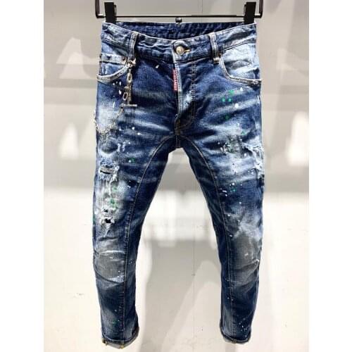 New Mens Jeans With Ripped Holes And elastic Paint Spray Blue Stitching Beggar Pants A232