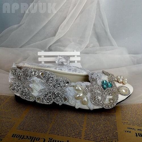 Luxury crystal pearls bridal wedding flats shoes bride handmade plus size 41 42 princess ladies girl banquet party dinner flats