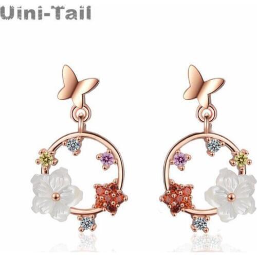 Uini-Tail hot new 925 sterling silver butterfly flower earrings Korea net red long temperament shell small fresh girl earrings