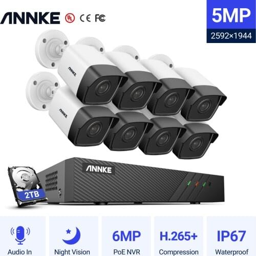 ANNKE 5MP H.265+ Super HD PoE Network Video Security System 8pcs 2.8mm IP67 Outdoor POE IP Cameras Plug & Play PoE Camera Kit
