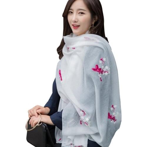 Sunscreen Scarf For Women Ethnic Cotton Linen Embroidered Flower Scarf Soft Wrap Cover Up Cape Shawl