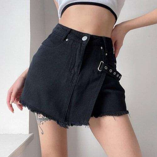 Women High Waist Asymmetric Denim Shorts Female Gothic Punk Metal Buckle Frayed Raw Hem Harajuku Mini Jeans Wrap Skorts Skirts