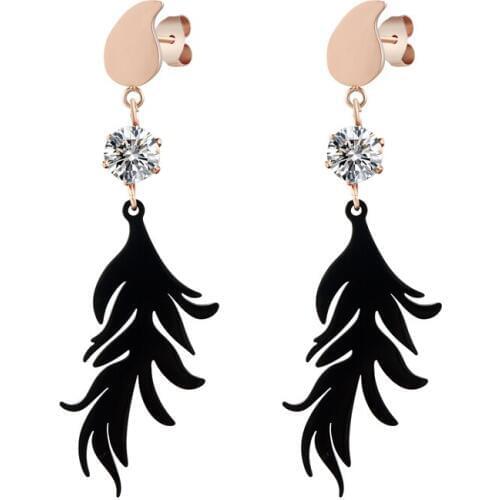 Classic Design Jewelry Top Quality Stainless Steel Black Feather Drop Earring Rose Gold Color Crystal Woman Earring