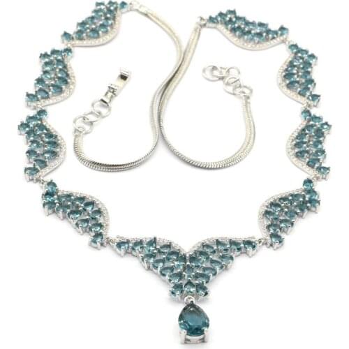 38x35mm Fancy Created Dark London Blue Topaz Bright Zircon Womans Silver Necklace 19.5-20.5inch
