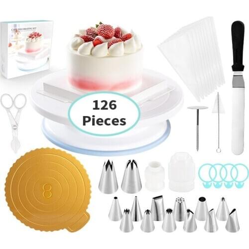 126 Pieces Cake Decorating Kit Cake Turntable Set Multi Function Pastry Piping Nozzles Bag Spatula Baking Supplies Sets