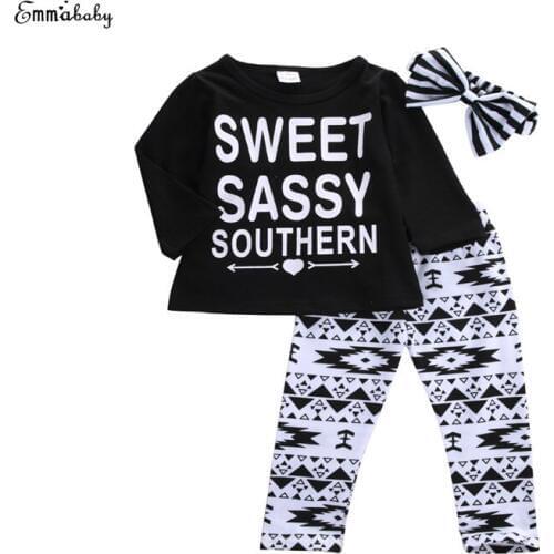 2017 Newborn Baby Girls Casual Long Sleeve O-Neck Pullover Letter Shirt Tops Print Pant Headband 3PCS Sunsuit Kids Clothing Sets