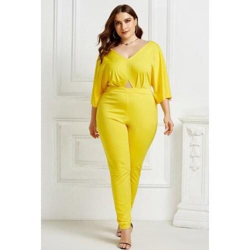 2021 Summer Fashion Jumpsuit Plus Size Overalls Sexy and Elegant V-neck Solid Color Plus Size Bat Sleeve Tie Womens Clothing