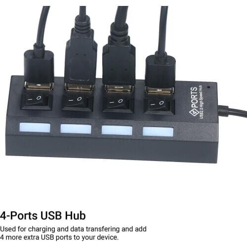 4-Ports USB Hub High Speed Data Transfer USB2.0 Charging Splitter with Separated On/Off Switch LED Indicator for Laptop Computer