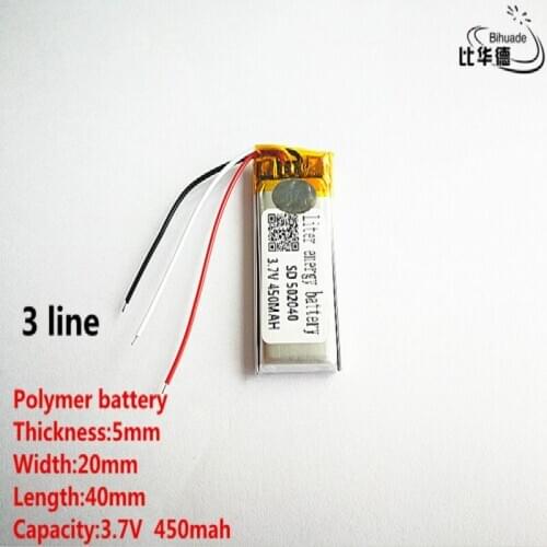5pcs/lot 3 line Good Qulity 3.7V,450mAH,502040 Polymer lithium ion / Li-ion battery for TOY,POWER BANK,GPS,mp3,mp4