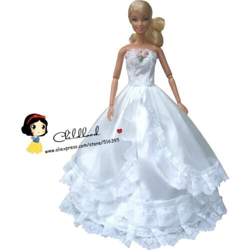 Free Shipping white Color Full Around Lace quality dress with veil for barbie doll wedding dress clothes