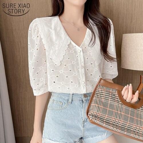 Blusas 2021 Summer Shirt Womens Chiffon Blouse Short Sleeve Button Solid Straight Single Breasted Sweet Tops and Blouse 14194