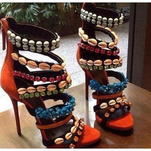 Moraima Snc Colorful Shells Decorations High Heel Shoes Summer Rhinestones Party Dress Shoes Women Sexy Sandals
