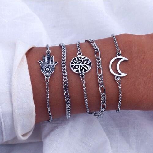 Vienkim Women Girls Mix Round Alloy Moon Charm Bracelets Fashion Boho Letter lotus Bracelets Sets Gift 2020 Jewelry Gifts