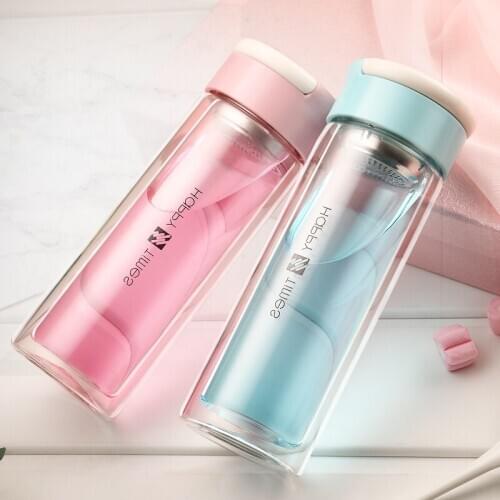 Double Wall Drinking Bottle Glass Silicon Sleeve Tea Bottle Filter Lid Cute Simple Botella Cristal Tea Diffuser Bottles AB50WB