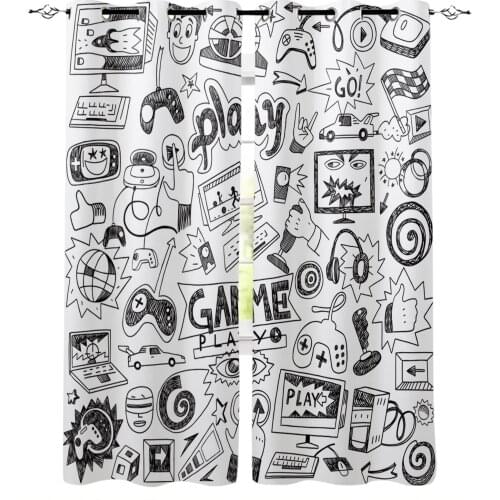 Play Game Black White Cartoon Graffiti Home Decoration Living Room Curtains Window Treatments Kids Curtain For Kitchen Bedroom