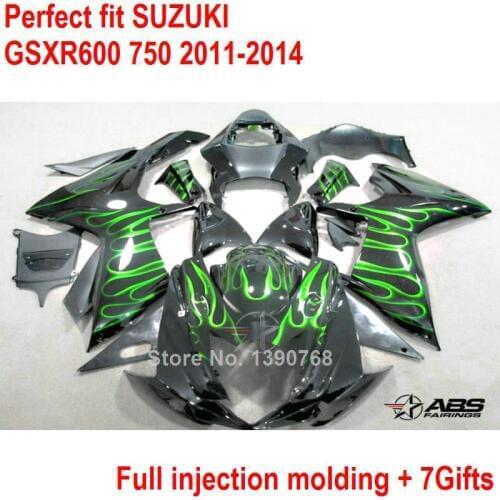 For Suzuki fairing kit GSXR 600 GSXR750 11 12 13 14 green flames black fairings set GSXR600 750 2011- 2014 injection molding
