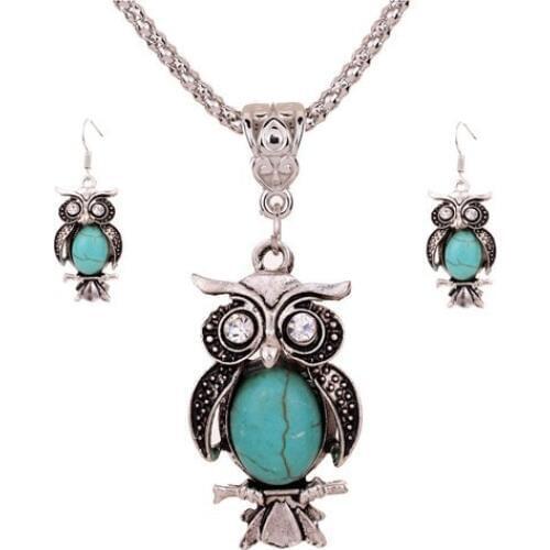 New Brand Design Owl Jewelry Set Tibetan Silver Color Blue Stone Pendant Owl Necklace Earring Set for Women Female Accessories