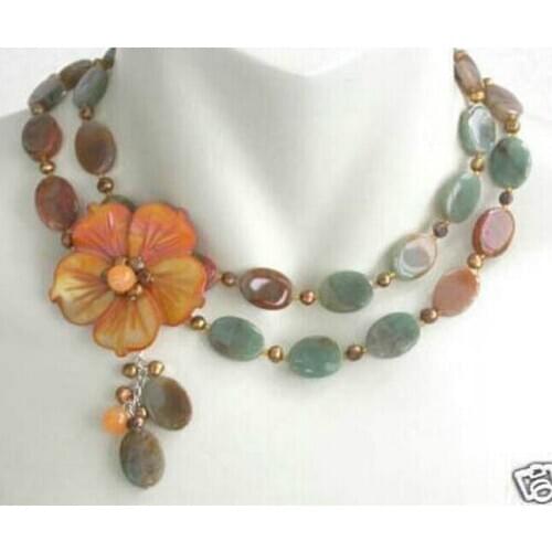 +++907 beautiful 2 rows flower shell clasp onyx pearl necklace