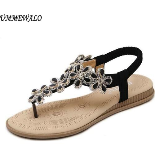 UMMEWALO Summer Sandals Women T-strap Flip Flops Thong Flat Sandals Flowers Rhinestone Gladiator Sandal Shoes Zapatos Mujer