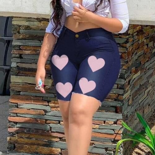 Summer 2021 Womens Knee Length Shorts Fashion Heart Print High Waist Blue Denim Shorts Feminino Casual Skinny Booty Short Jeans