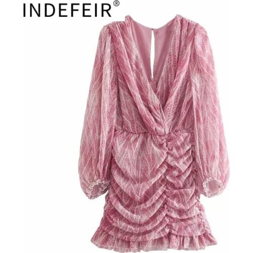 Indefelr fashion womens unique animal print asymmetric shawl mini dress retro long sleeve pleated womens wear