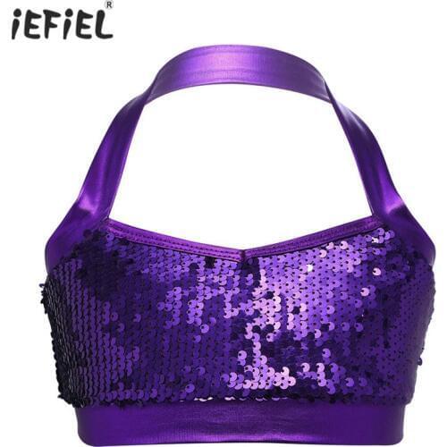 Kids Girls Fashionable Bra Top Glittery Halter Sequins Bra Tops Crop Top Camisoles for Ballet Dance Stage Performance SZ 6-14
