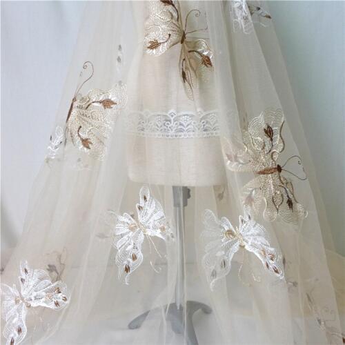 Soft Champagne Butterfly Embroidered Tulle Fabric Womens Dress Shirt Designer Fabric, by the Meter