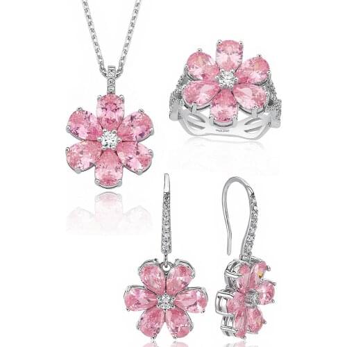 Valori Jewels Magnolia Flower Set , 12 Ct Zircon Pink Pear Gemstone , Rhodium Plated ,925 Silver, Fine Jewelry
