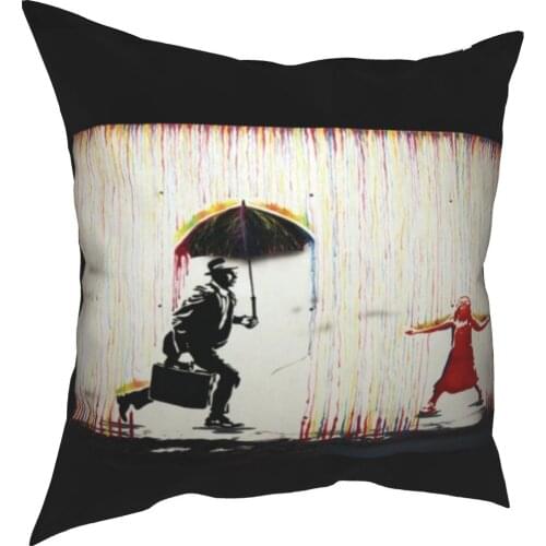 Banksy In The Rainbow Rain Pillowcase Cushion Cover Decorative Street Art Graffiti Spray Paint Pillow Case Cover Home 45X45cm