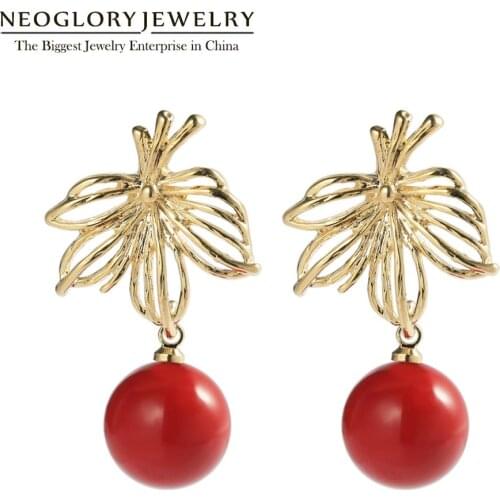 Neoglory Anti Allergy Hollow Leaf Golden Dangle Earrings Red Beads Korean Baroque Golden Earrings Girl Party Jewelry Gifts