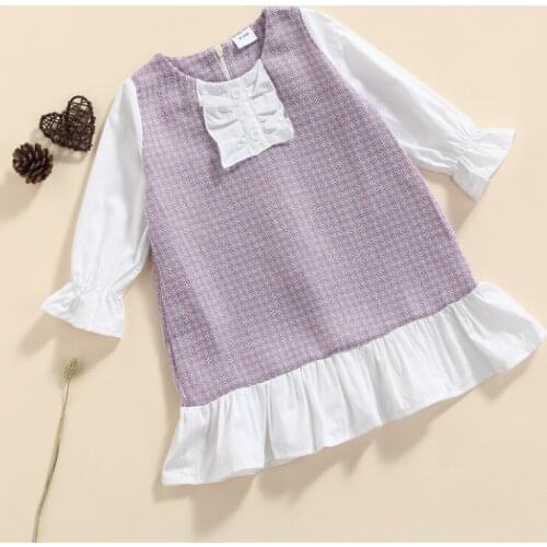 Children Fake Two-piece Midi Dress, Girls Plaid Print Long Sleeve O-neck Patchwork Ruffle Hem Dress for Spring, Fall