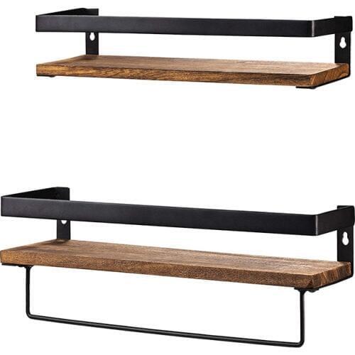 Bathroom Storage Shelf Wall Mounted Set of 2,Rustic Wood Floating Shelves with Removable Towel Bar,Perfect for Kitchen, Bathroom