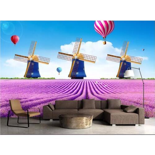 Custom photo 3d wall paper for living room Flower of ocean lavender dutch windmill 3d wall murals wallpaper for walls 3 d