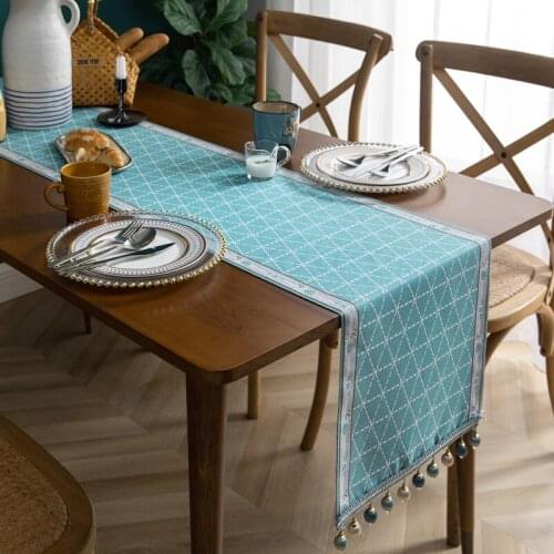 Simple jacquard blue white geometric table runner with beads coffee table shoe cabinet cover cloth bed towe