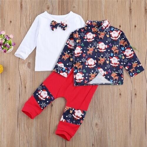 Baby Boys Christmas Clothes Set Print Lapel Collar Button-up Coat + Long Sleeve O-neck T-shirt with Bow-knot Tie + Long Pants