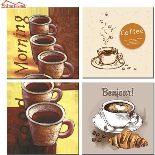 ShineHome-4pcs Wall Art Canvas Prints Retro Oil Paintings Decorative Pictures for Cafe Coffee Hotel Restaurant Dining Room Decor