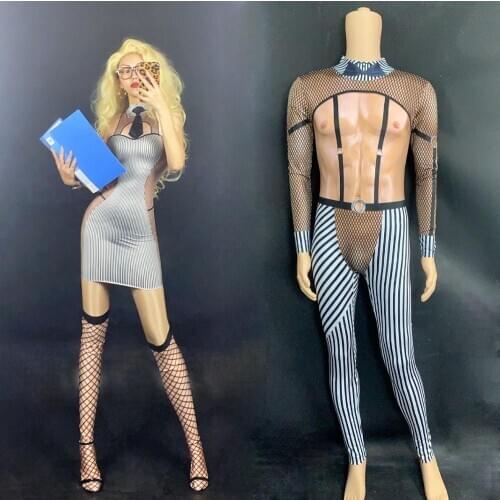 Sexy Cosplay Teacher Dress Men Printed Stretch Jumpsuit Women Stage Costumes Nightclub Festival Clothes Rave Outfits Wear DT2966
