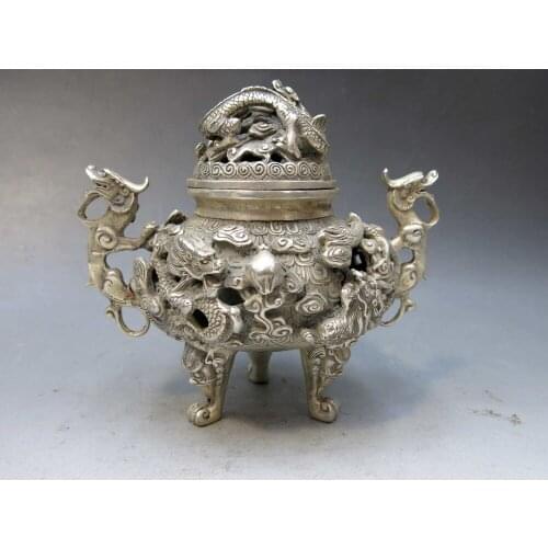 China silver handwork carved beautiful censer nine dragon incense burner Statue