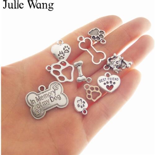 Julie Wang 10pcs Mixed Bone Dog Footprints Heart Charms Antique Silver Color Alloy Necklace Pendants Jewelry Making Accessory