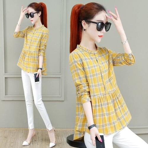 Womens Long-sleeved Pink Plaid Blouse Female 2020 Autumn New Mid-length Round Neck Button Loose Large Size Blouse Plus Size 4XL